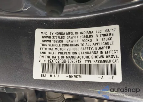 2017 Honda Civic Lx из США, поврежденный, VIN 19XFC2F58HE075712